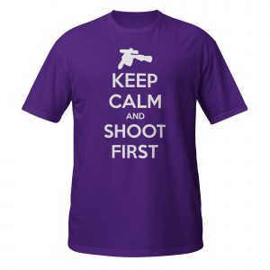 Keep Calm and Shoot First — Sci-Fi Parody Women's Tee