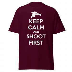 Alternative view of Keep Calm and Shoot First — Sci-Fi Parody Tee